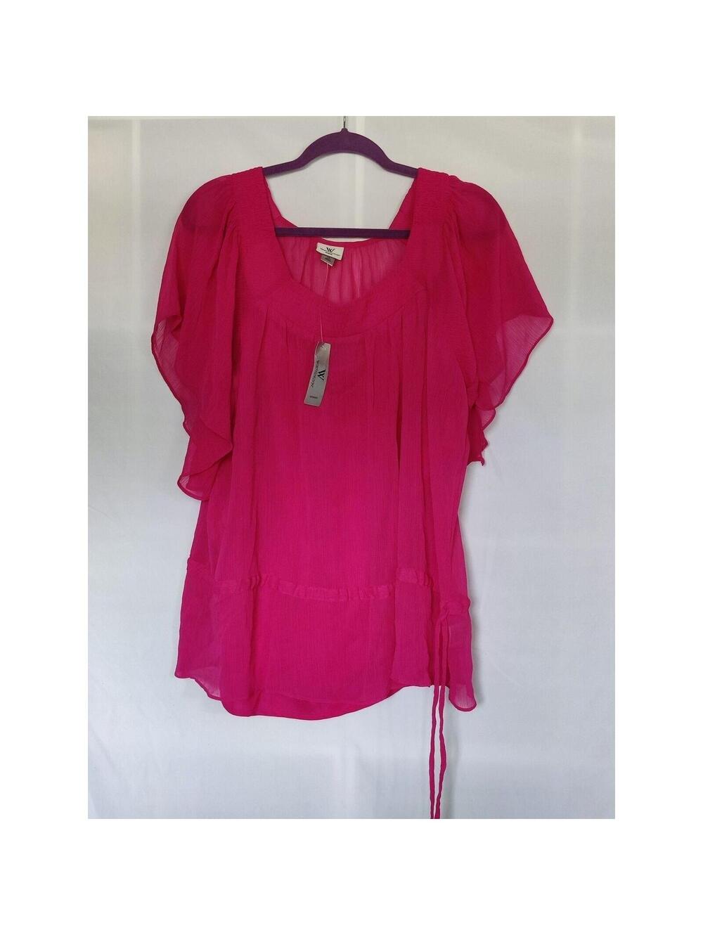 Worthington Woman 1X Bright‎ Pink Butterfly Sleeve Sheer Blouse Tunic Top